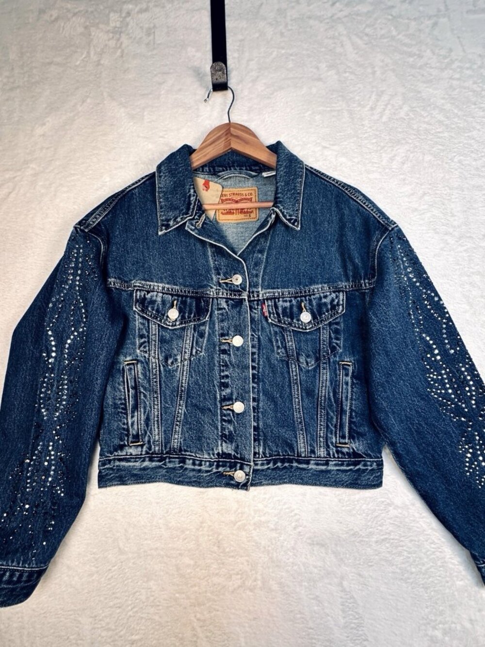 Levi's 90's Trucker Jacket Small Shrunken Rhinestone Denim Jacket D.Wash Western - Picture 3 of 13
